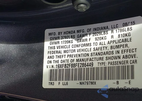 2015 Honda Civic Ex из США, поврежденный, VIN 19XFB2F88FE286449